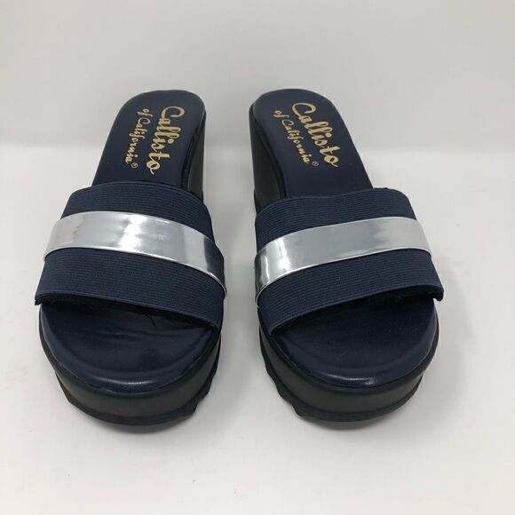 Callisto 8 NWOT Blue Silver Resort Vacation Platform Sandals Mules - Picture 2 of 5